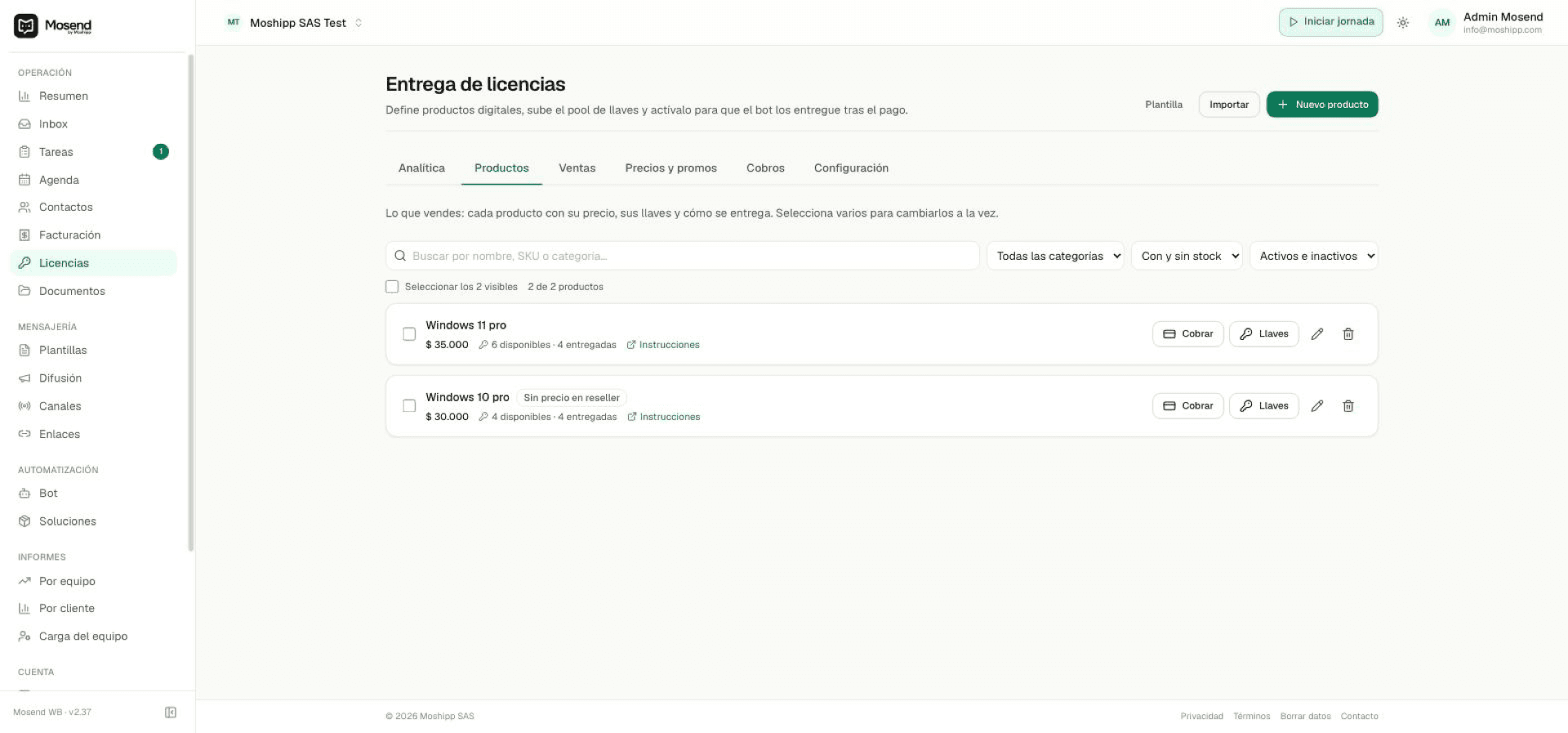 Módulo de licencias digitales en Mosend con el catálogo y el inventario de claves